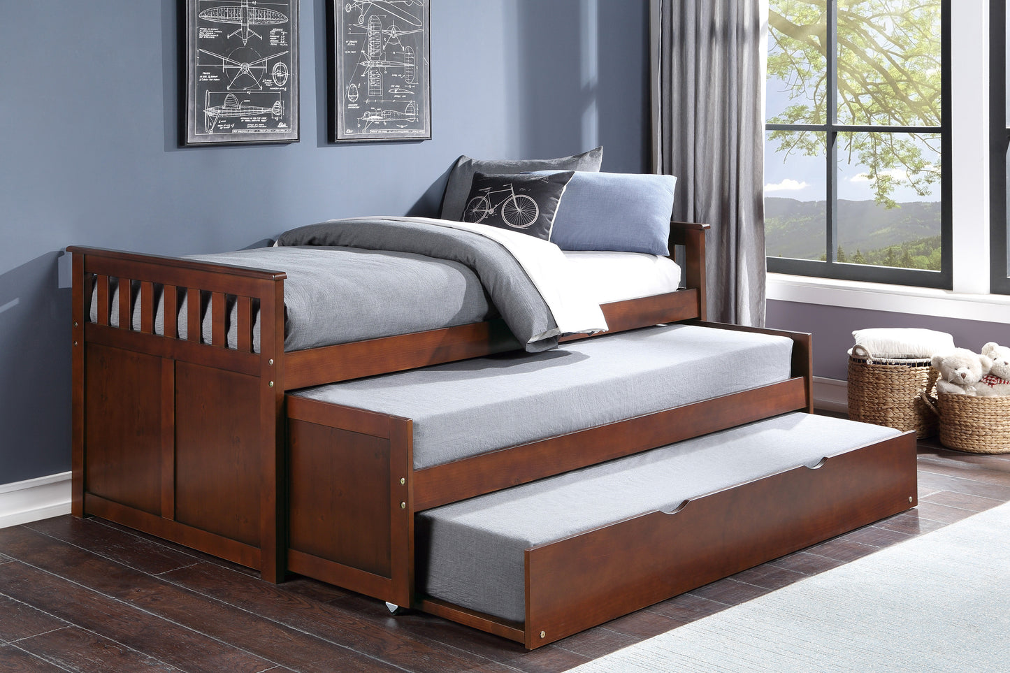 Homelegance Rowe Twin Twin Bed with Twin Trundle Dark Cherry B2013RTDC-1R