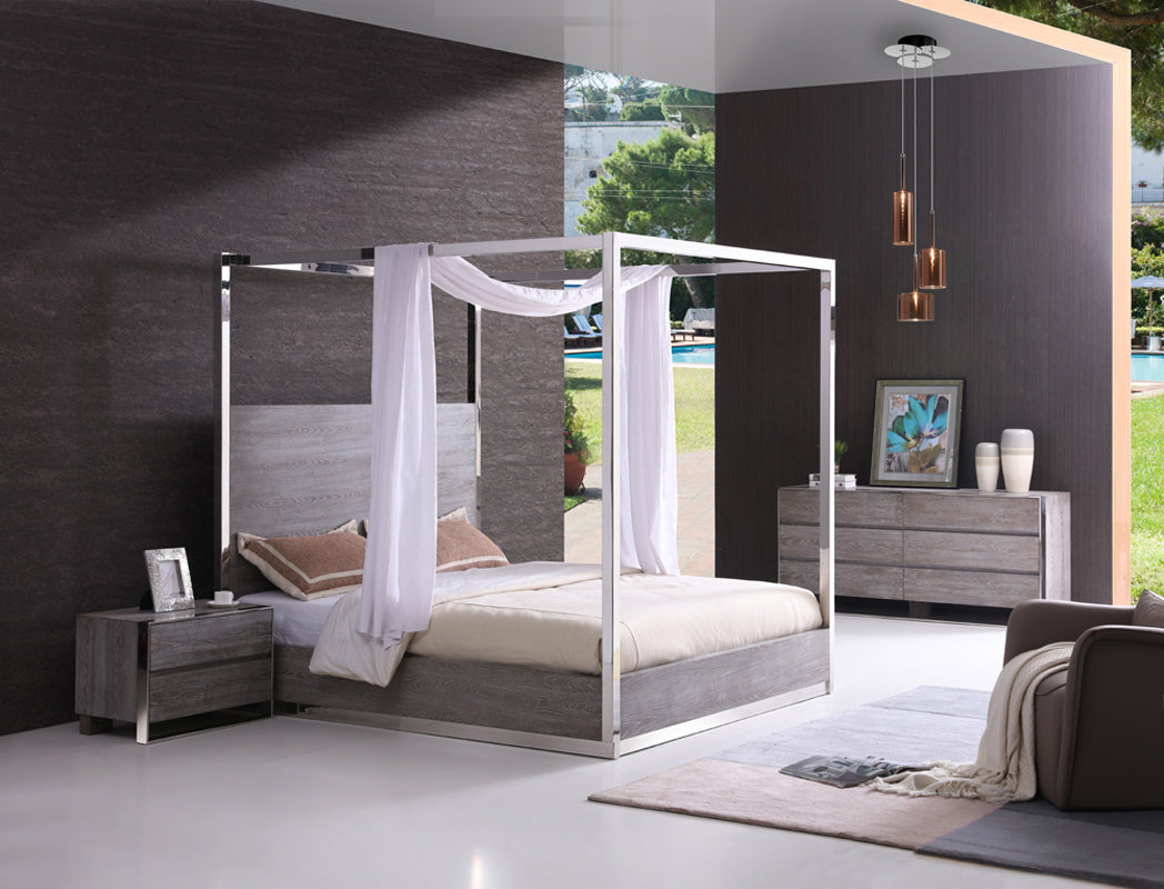 Modrest Arlene Modern Grey Elm and Stainless Steel Canopy Bed