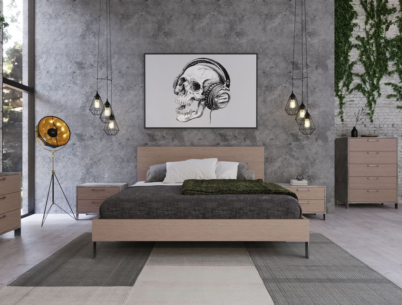 Queen Nova Domus Boston Modern Brown Oak and Brushed Stainless Steel Bed