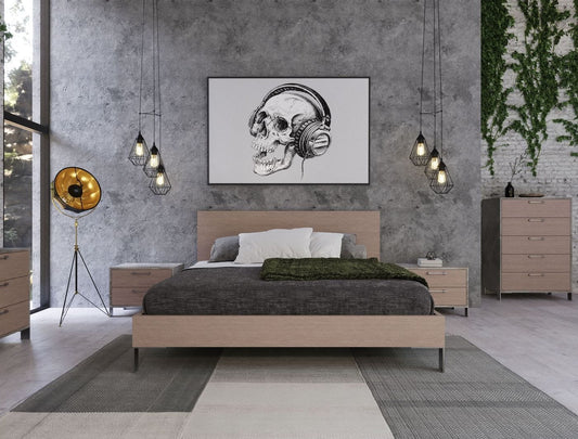 Queen Nova Domus Boston Modern Brown Oak and Brushed Stainless Steel Bed