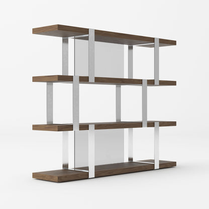 Modrest Brewer Modern Walnut Glass and Stainless Steel Bookshelf
