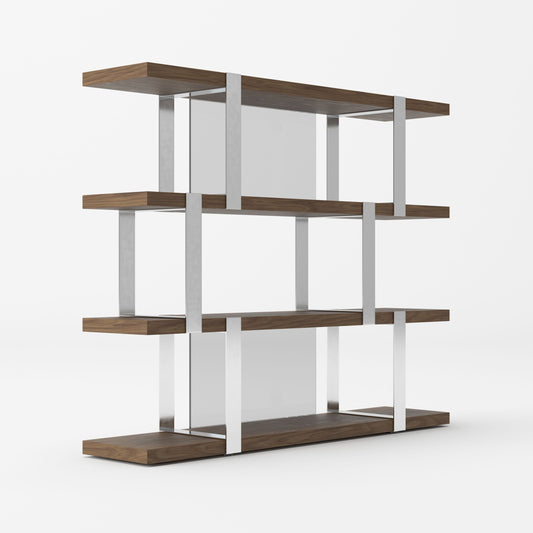 Modrest Brewer Modern Walnut Glass and Stainless Steel Bookshelf