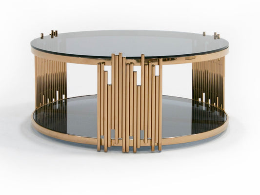 Modrest Bryce Modern Smoked Glass and Rosegold Round Coffee Table
