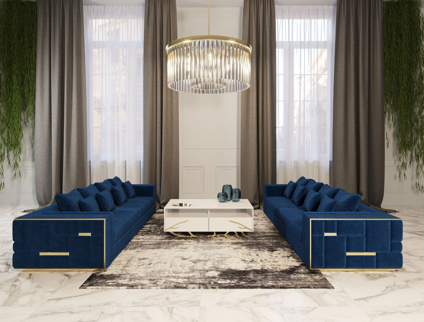 Divani Casa Mobray Glam Blue and Gold Fabric Sofa