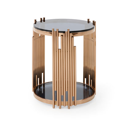 Modrest Bryce Modern Smoked Glass and Rosegold Round End Table