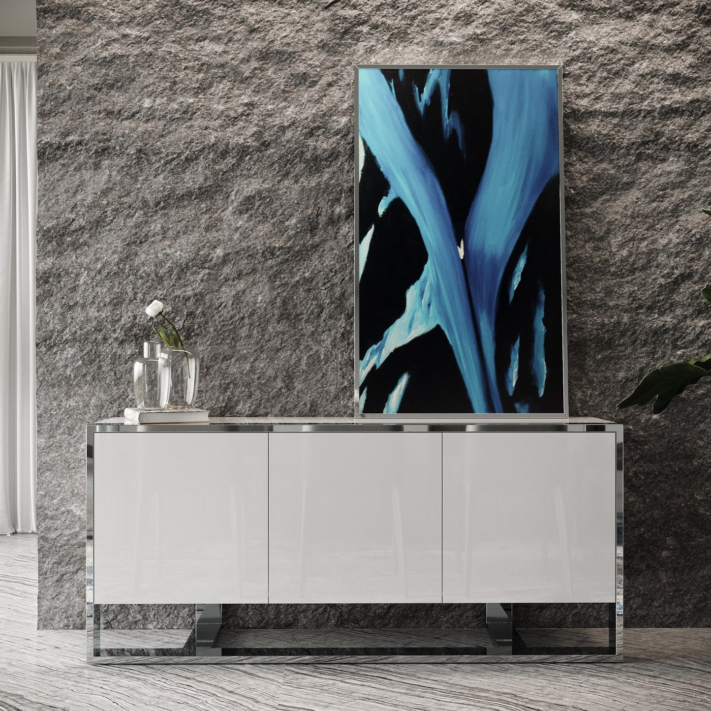 Modrest Fauna Modern White High Gloss and Stainless Steel Buffet
