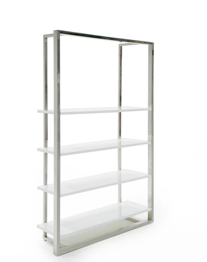 Modrest Fauna Modern White High Gloss and Stainless Steel Bookshelf