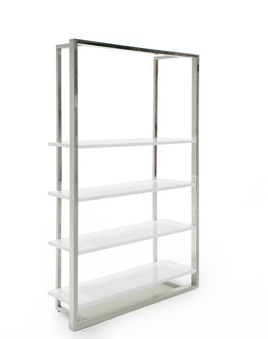 Modrest Fauna Modern White High Gloss and Stainless Steel Bookshelf