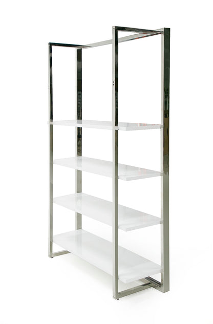 Modrest Fauna Modern White High Gloss and Stainless Steel Bookshelf