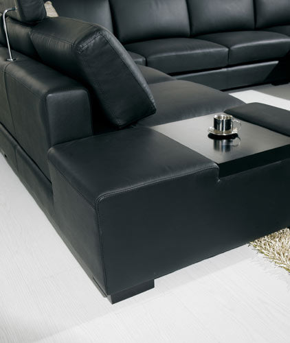 T35 Modern Black Genuine Leather Sectional Sofa with Light