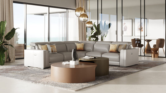 Modrest Frazier Modern Light Grey Leather Sectional Sofa with 3 Recliners