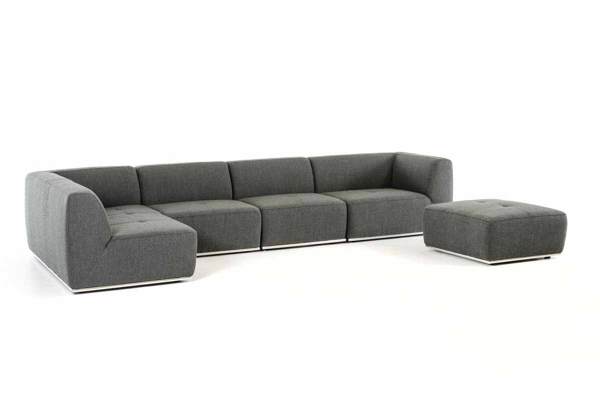 Divani Casa Hawthorn Modern Grey Fabric Modular Left Facing Chaise Sectional Sofa Ottoman