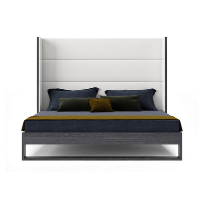 Modrest Heloise Queen Contemporary White Leather and Grey Elm Trim Bed
