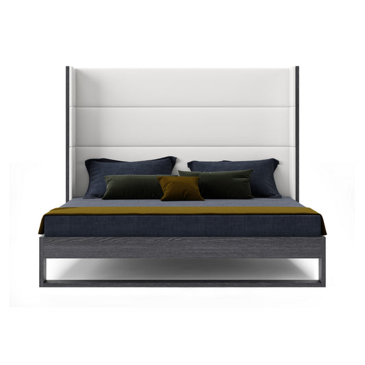 Modrest Heloise Queen Contemporary White Leather and Grey Elm Trim Bed