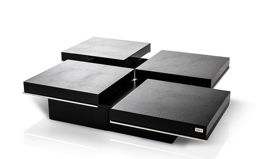 Horizon Modern Black Crocodile Coffee Table w/ Pull Out Squares