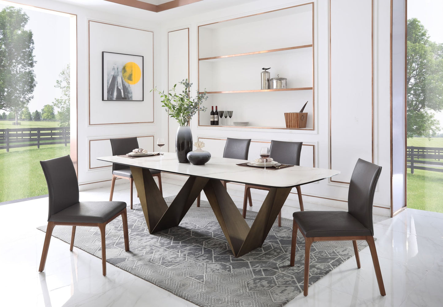 Modrest Melanie Modern White Ceramic and Brushed Brown Dining Table