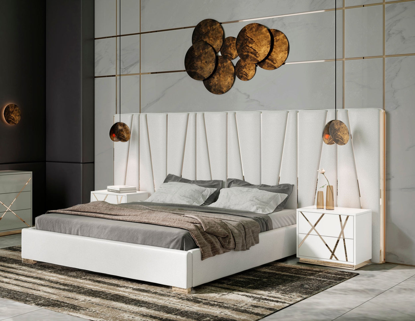 Modrest Nixa Modern White Bonded Leather and Gold Bed
