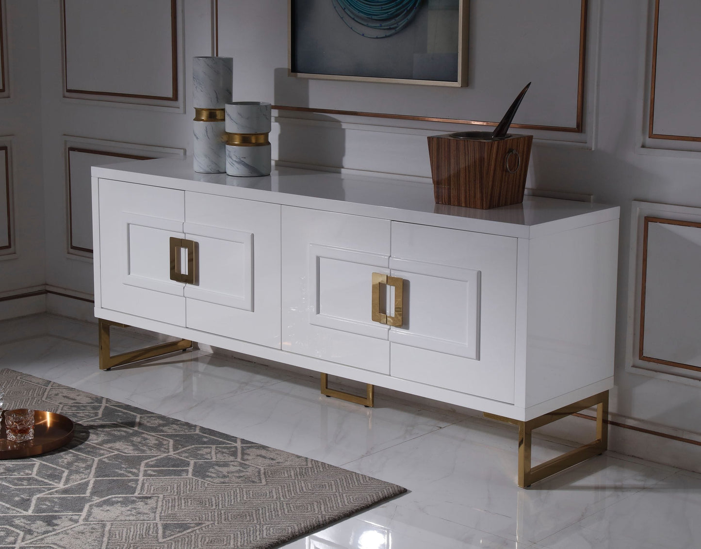 Modrest Leah Contemporary White High Gloss and Champagne Gold Buffet