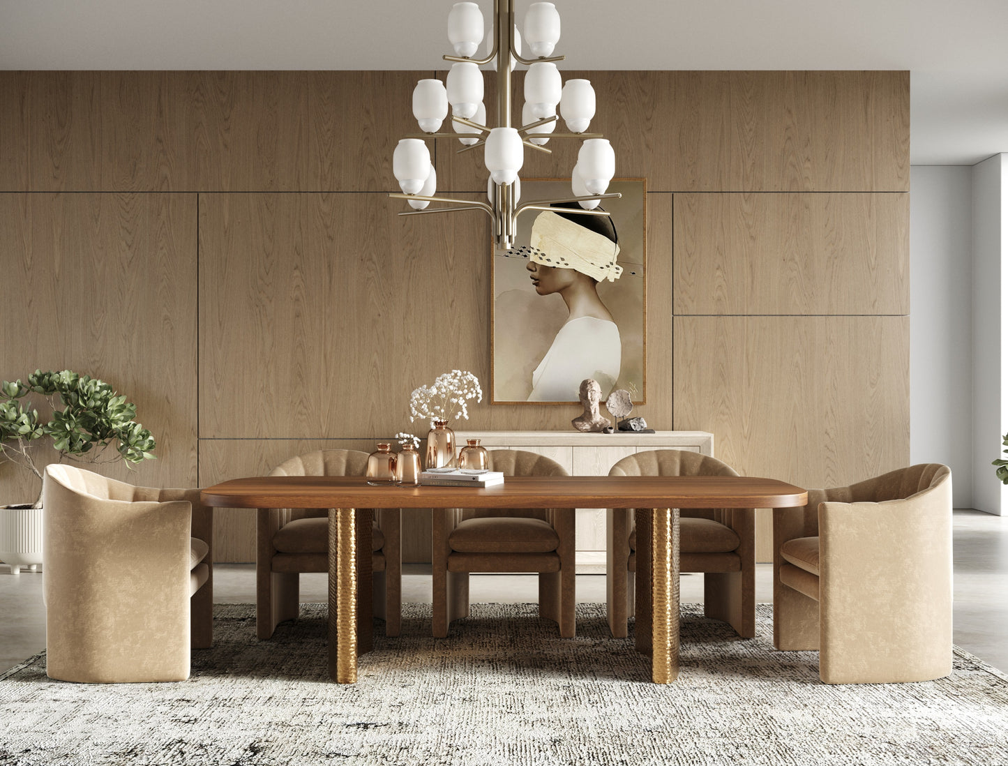 Modrest Marjorie Modern Walnut Brushed Gold Rectangular Dining Table