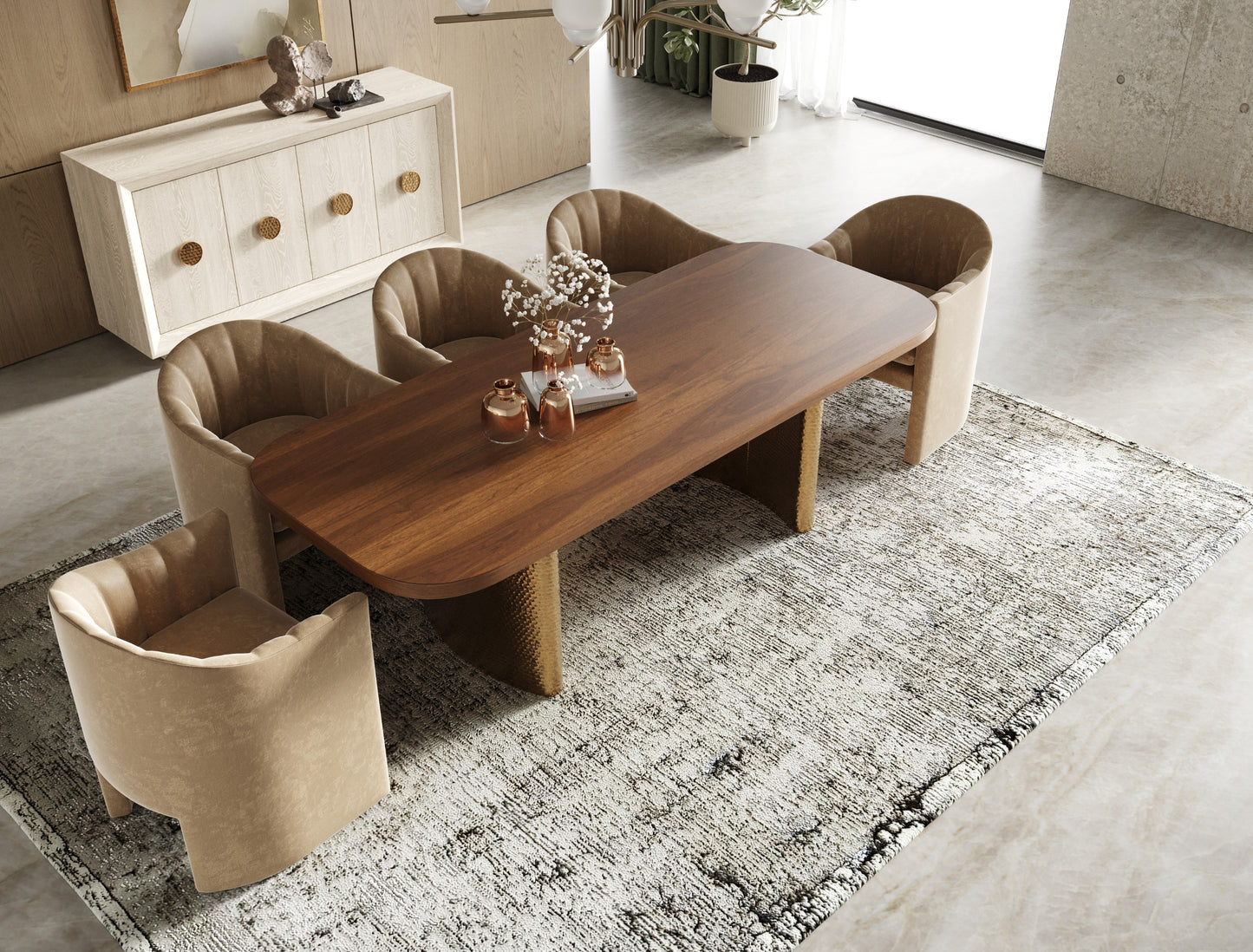 Modrest Marjorie Modern Walnut Brushed Gold Rectangular Dining Table