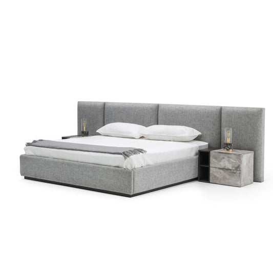 Queen Nova Domus Maranello Modern Grey Fabric Bed w/ Two Nightstands