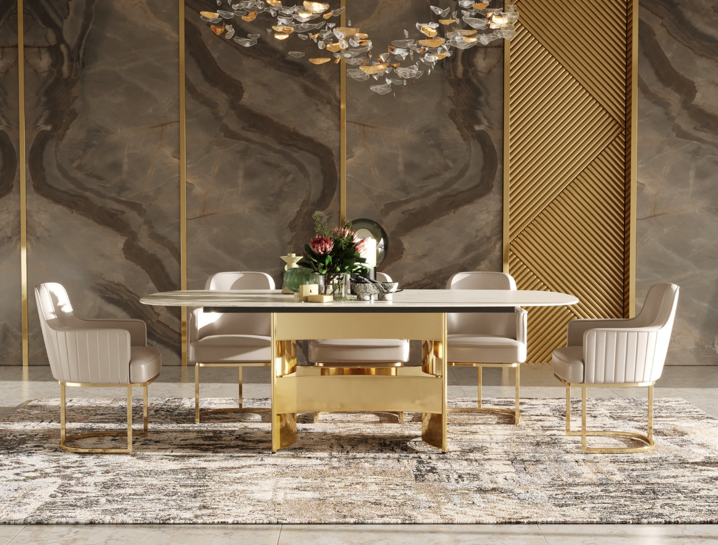 Modrest Marmot White Marble and Champagne Gold Dining Table