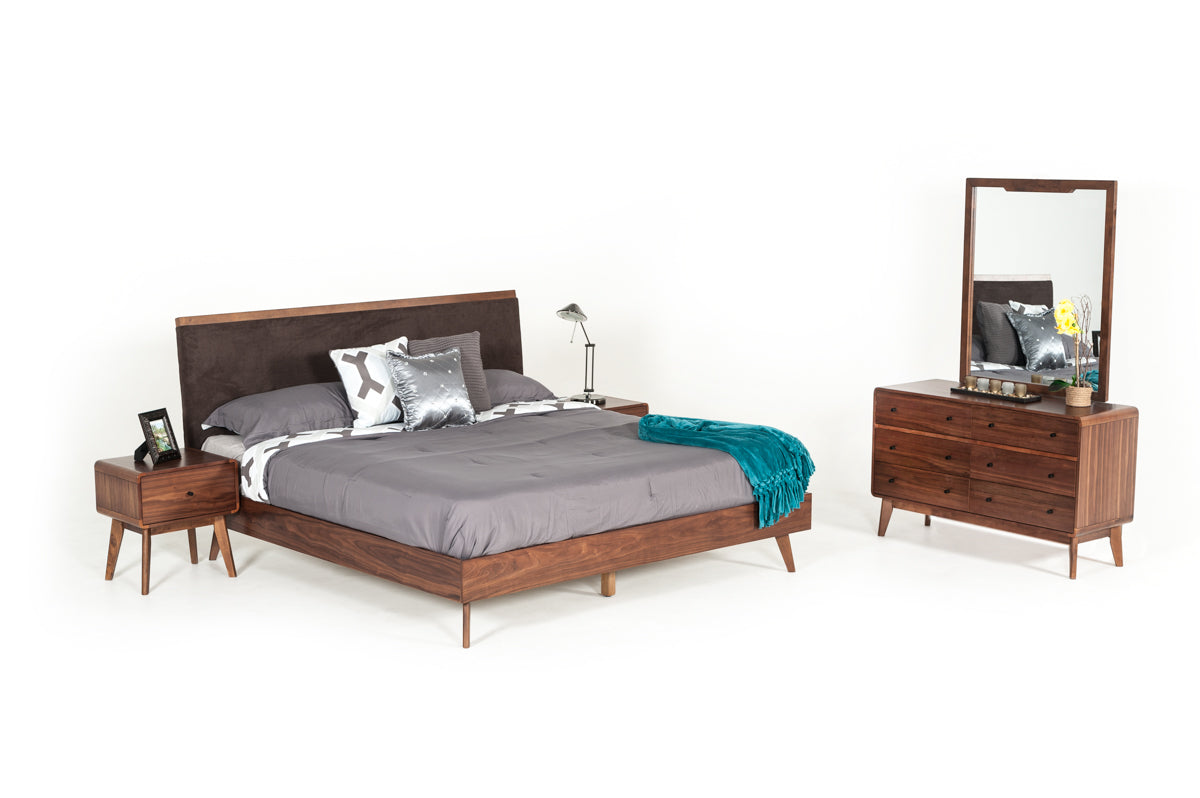 Modrest Marshall Mid-Century Modern Brown Fabric and Walnut Bed