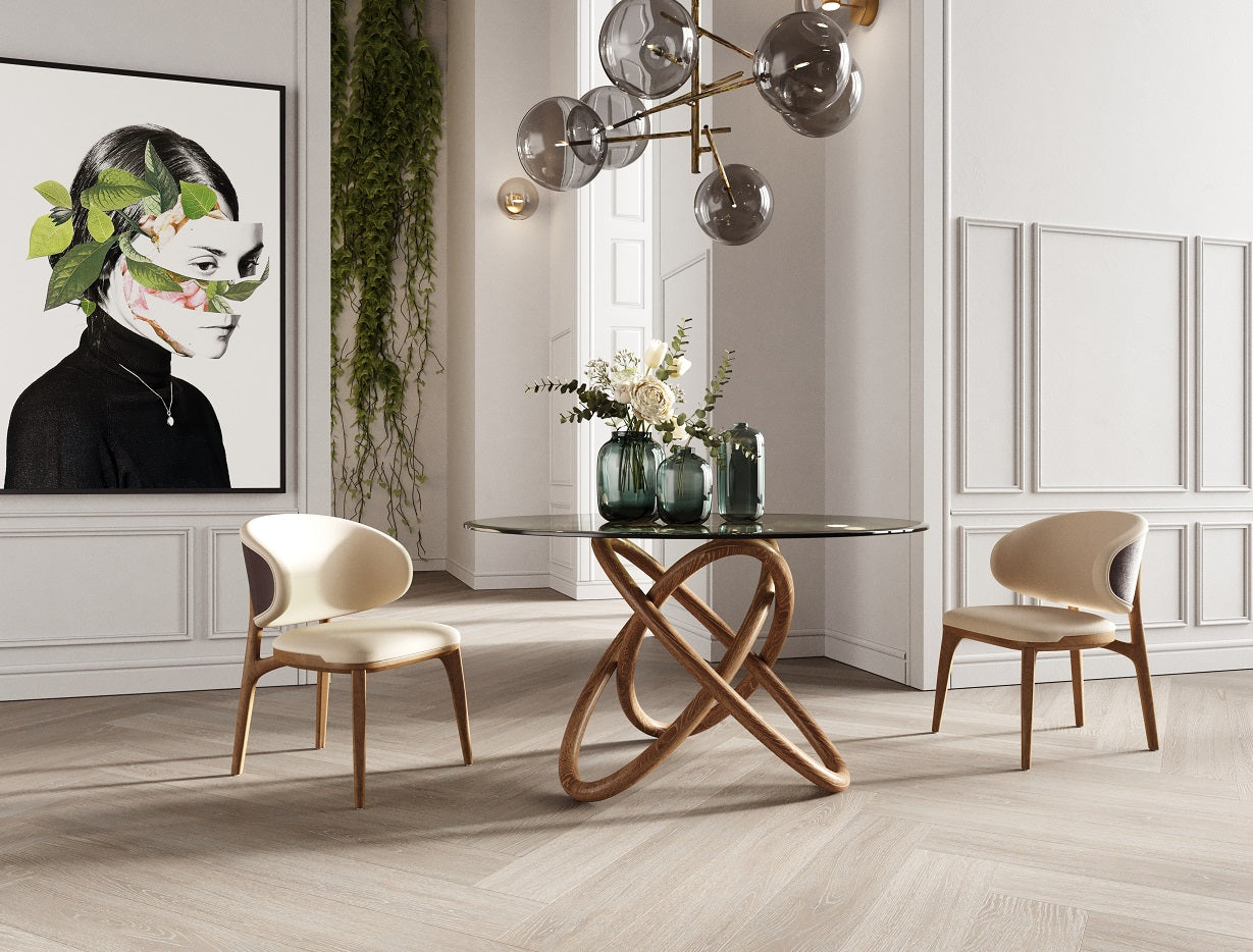 Modrest Mason Modern Round Glass and Walnut Dining Table