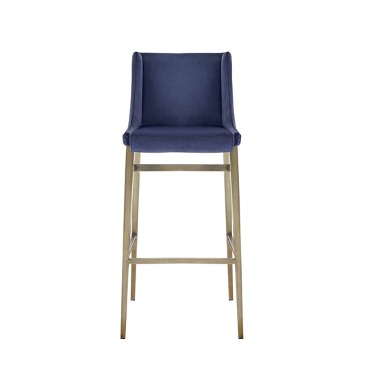 Modrest Mimi Contemporary Blue Velvet and Antique Brass Bar Stool