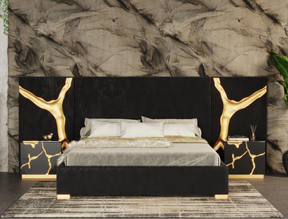 Modrest Aspen East King Glam Black Velvet and Gold Bed