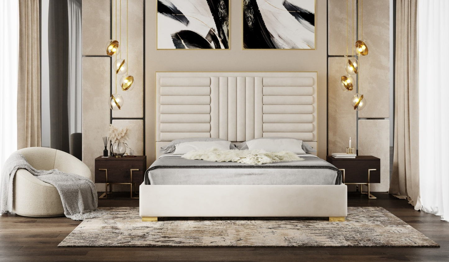 Modrest Daystar Modern Beige Velvet and Gold Bed