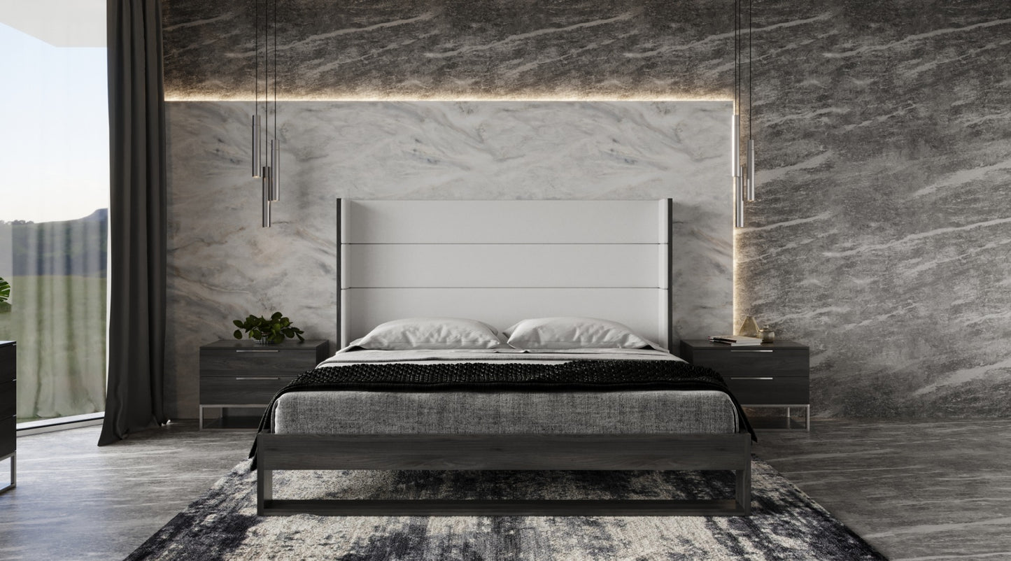 Modrest Heloise Contemporary White Leather and Grey Elm Trim Bed