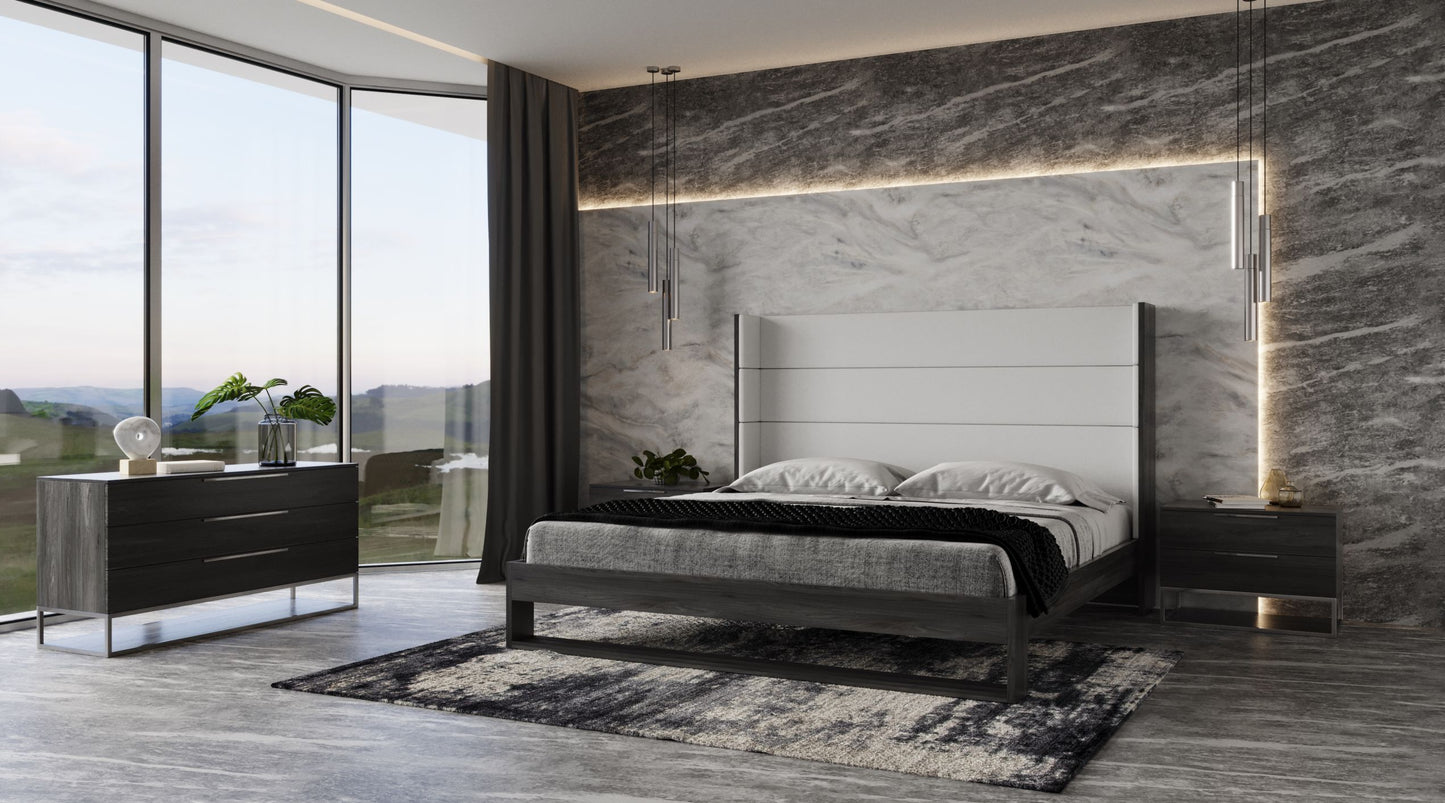 Modrest Heloise Contemporary White Leather and Grey Elm Trim Bed