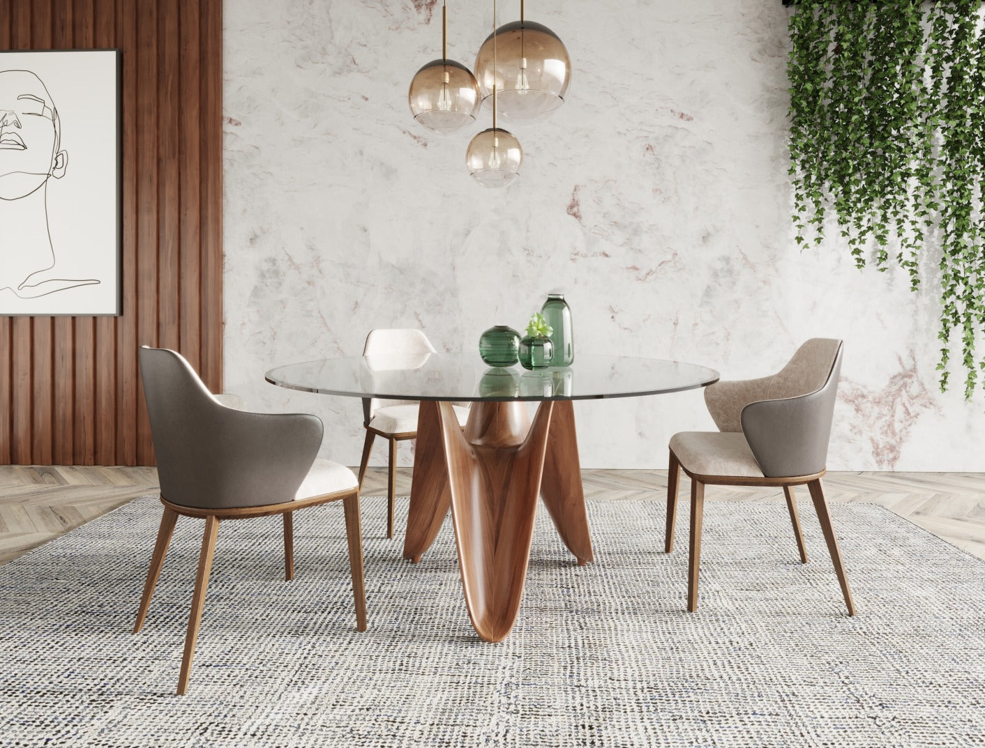 Modrest Seguin Round Glass Walnut Dining Table