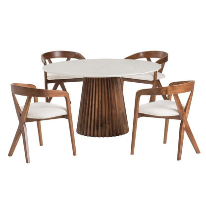 Modrest Nancy Mid-Century Modern White Marble Walnut Round Dining Table