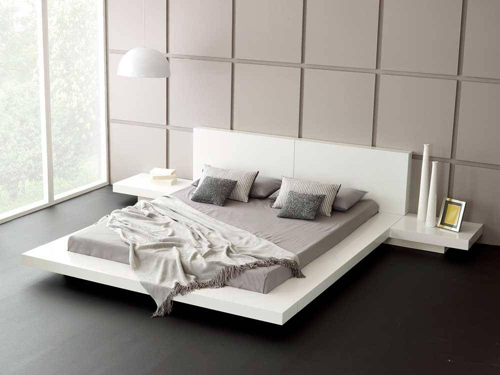 Opal White Gloss Japanese Style Platform Queen Bed with Nightstands