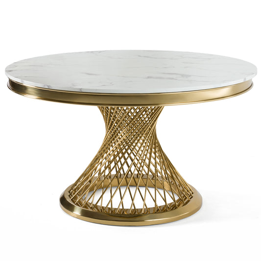 Modrest Potter White Marble and Gold Stainless Steel Round Dining Table