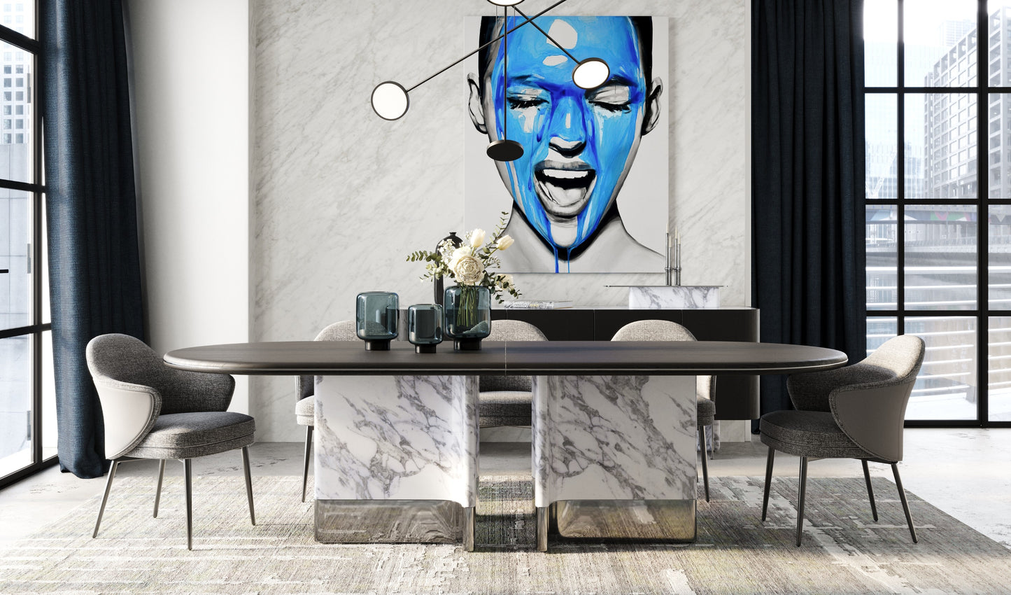 Modrest Renfew Modern Black Oak Faux Marble Oval Dining Table