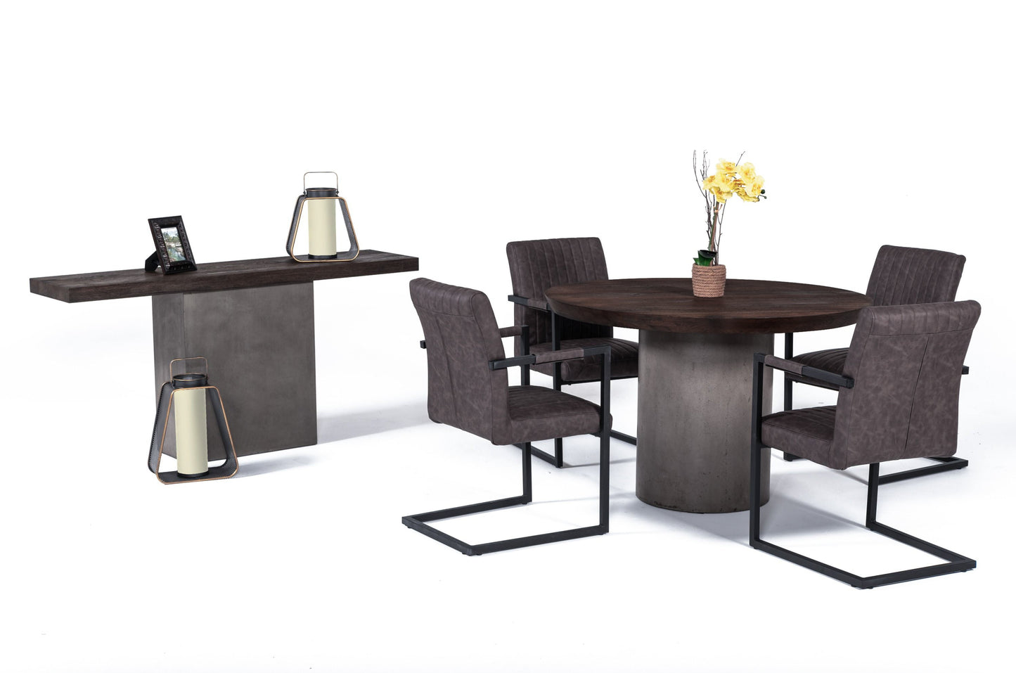 Modrest Renzo Modern Round Oak and Concrete Dining Table