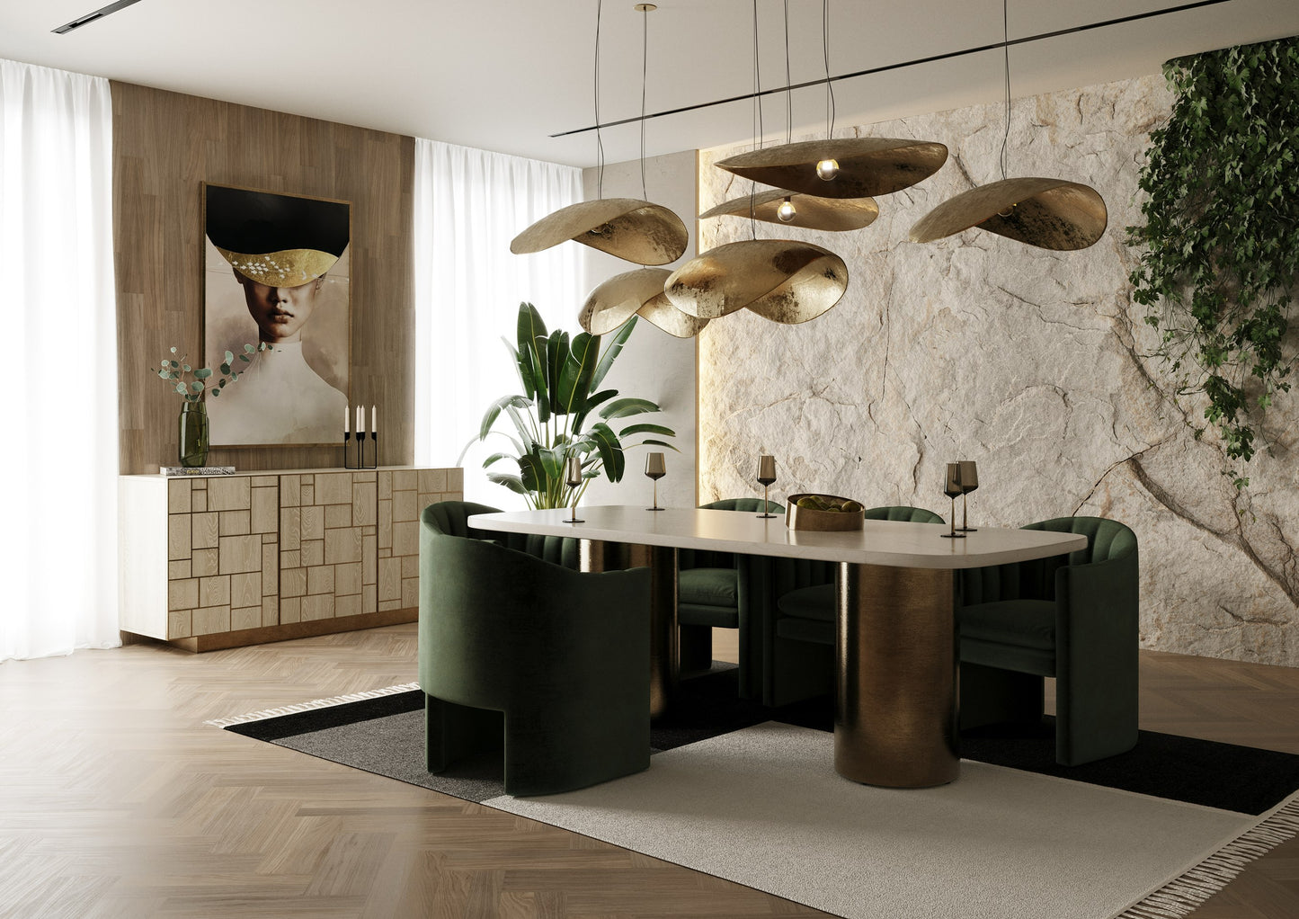 Modrest Rocky Glam White Marble and Brush Gold Large Dining Table