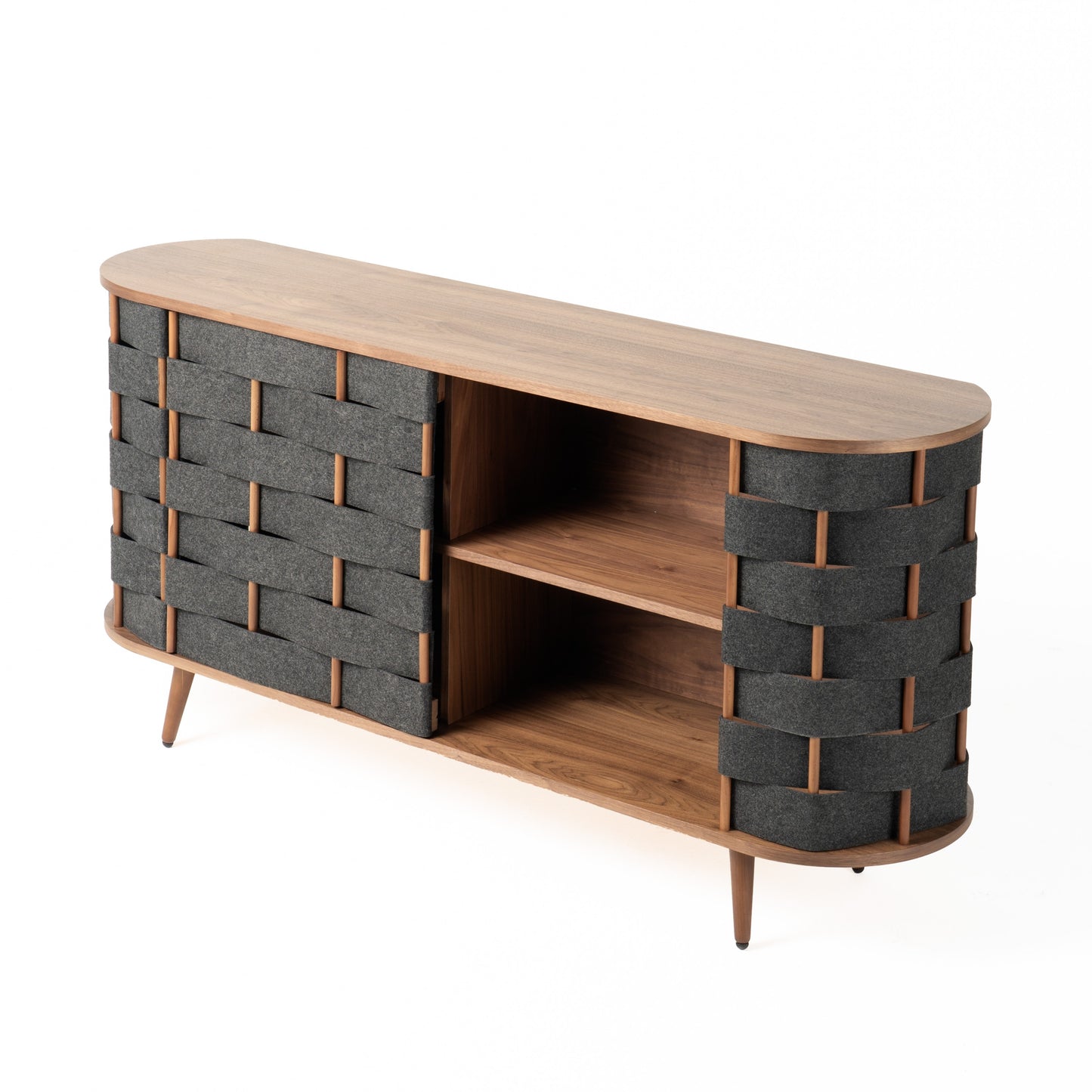 Modrest Sheridan Mid-Century Modern Grey Fabric Walnut Buffet