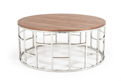 Modrest Silvia Modern Walnut and Stainless Steel Coffee Table