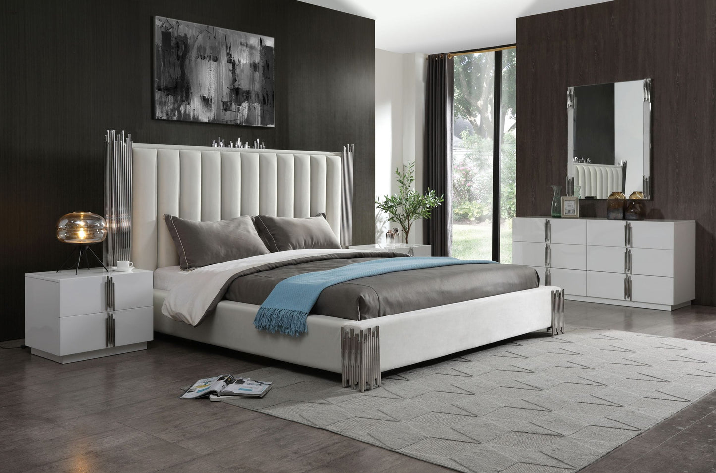 Modrest Token Queen Modern White and Stainless Steel Bed